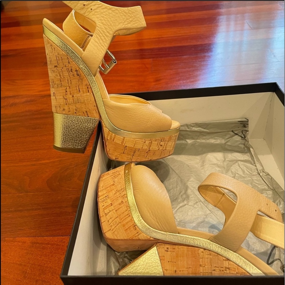 Womens designer high heels wedge platform tan and gold